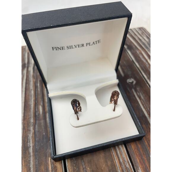 Women's Small Hoop Earrings Copper Colored Silver Plated Filagree - Picture 7 of 7
